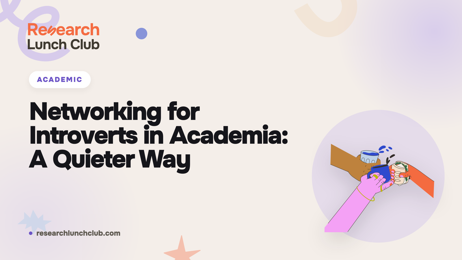Research Lunch Club blog cover: 'Networking for Introverts in Academia: A Quieter Way'. Cream brand canvas with organic decorative shapes and a hands cheer illustration.