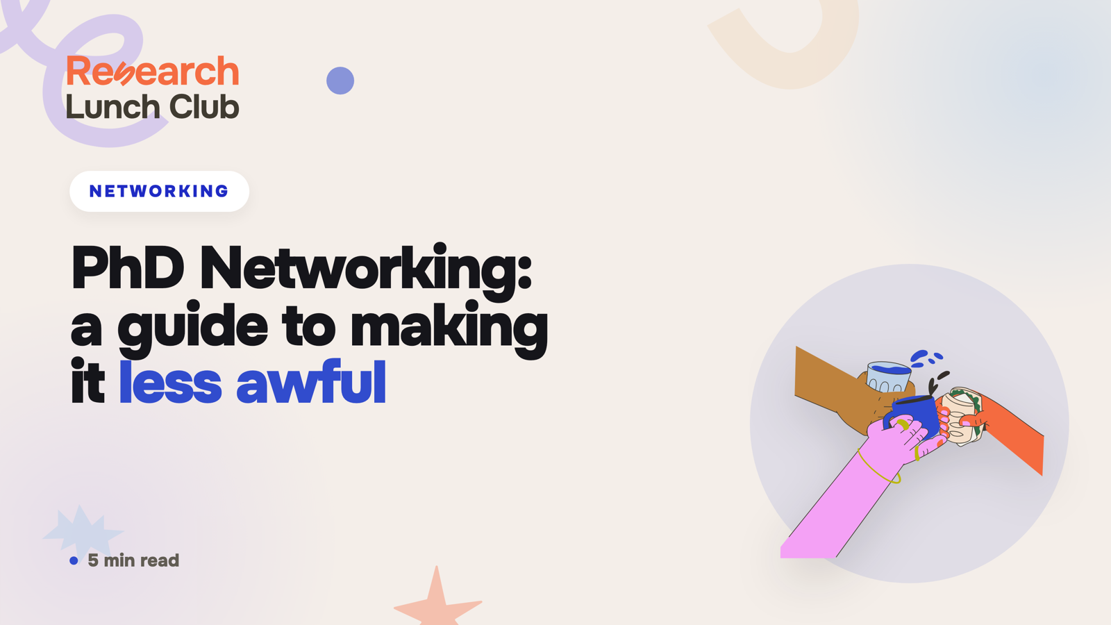 Research Lunch Club blog cover: 'PhD Networking: a guide to making it less awful'. Cream brand canvas with organic decorative shapes and a hands cheer illustration.
