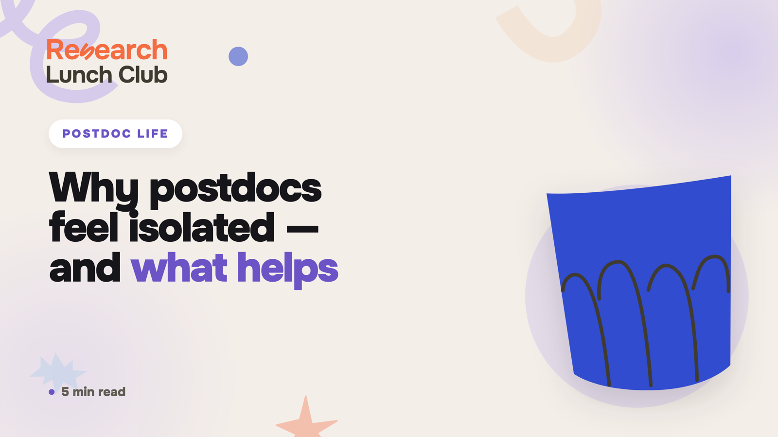 Research Lunch Club blog cover: 'Why postdocs feel isolated — and what helps'. Cream brand canvas with organic decorative shapes and a cup illustration.