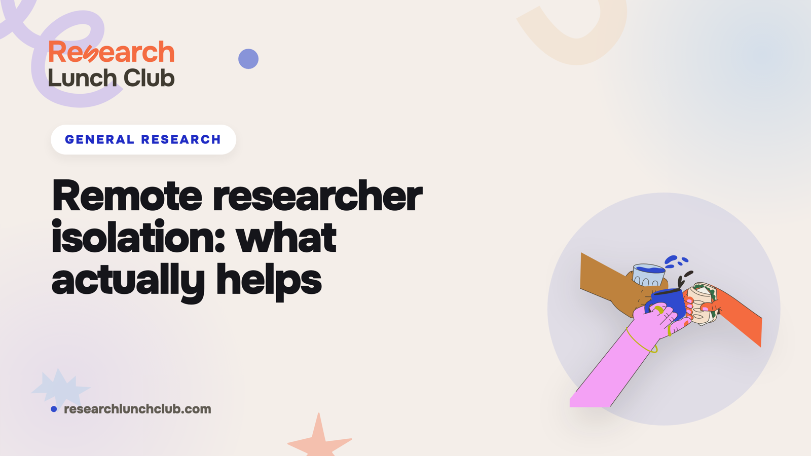 Research Lunch Club blog cover: 'Remote researcher isolation: what actually helps'. Cream brand canvas with organic decorative shapes and a hands cheer illustration.