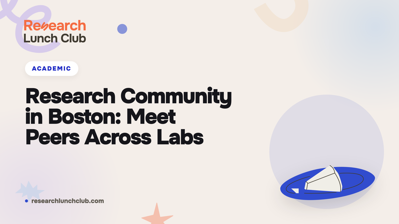 Research Lunch Club blog cover: 'Research Community in Boston: Meet Peers Across Labs'. Cream brand canvas with organic decorative shapes and a blue plate illustration.