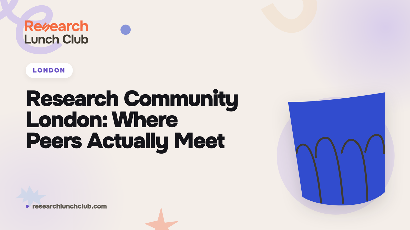 Research Lunch Club blog cover: 'Research Community London: Where Peers Actually Meet'. Cream brand canvas with organic decorative shapes and a blue plate illustration.