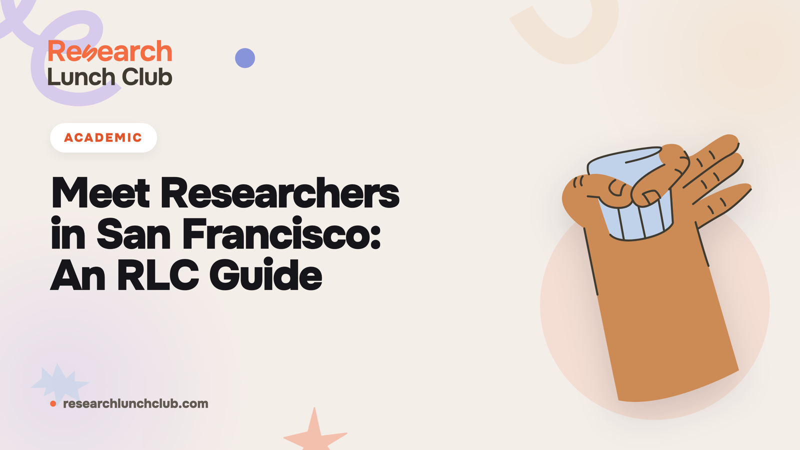 Research Lunch Club blog cover: 'Meet Researchers in San Francisco: An RLC Guide'. Cream brand canvas with organic decorative shapes and a membership illustration.